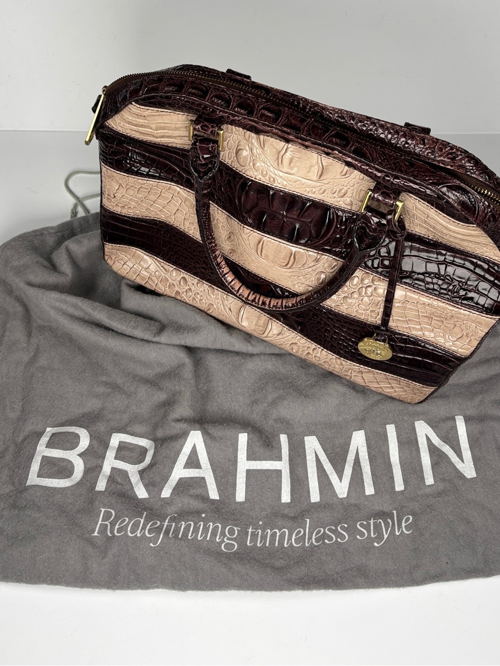 Brahmin Striped Dome Croc-Embossed Satchel Bag in Dark Brown and Beige - Picture 2 of 16